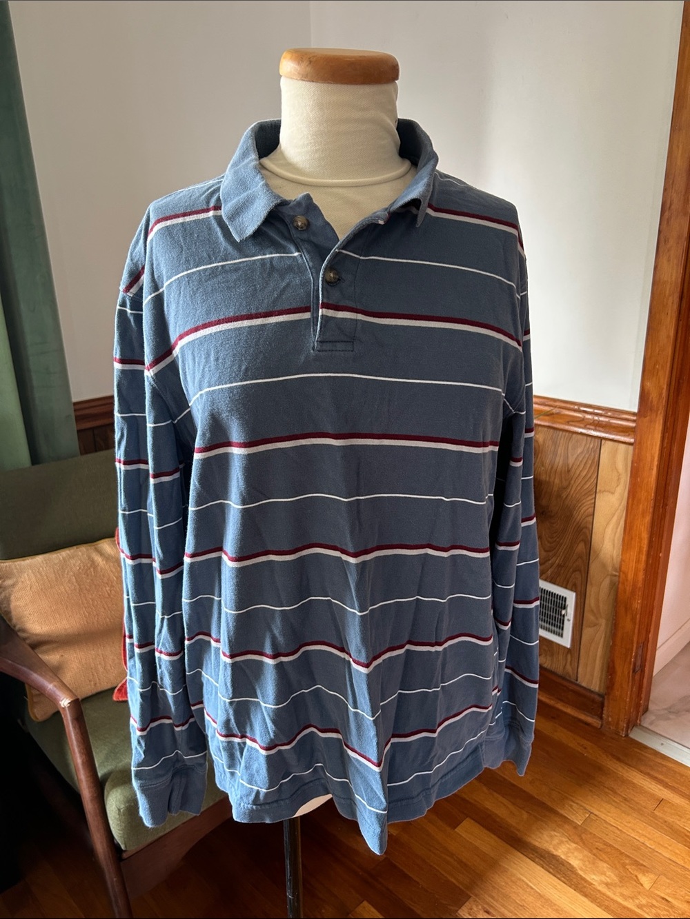 Sonoma Blue Long-Sleeve Polo with White and Burgundy Stripes